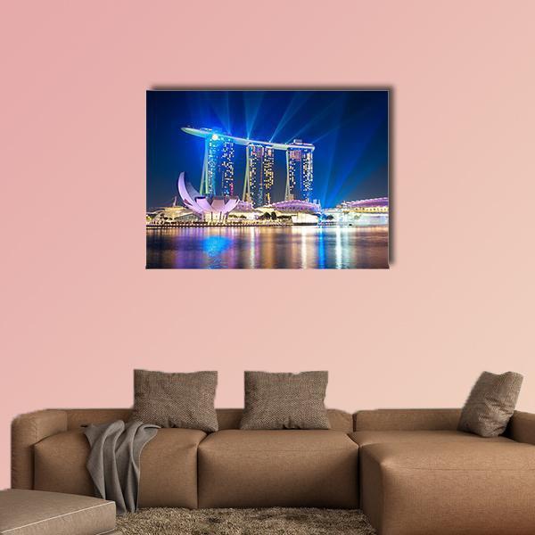 Marina Bay Sands at Night Canvas Wall Art in black, blue and navy, single panel hung on a wall