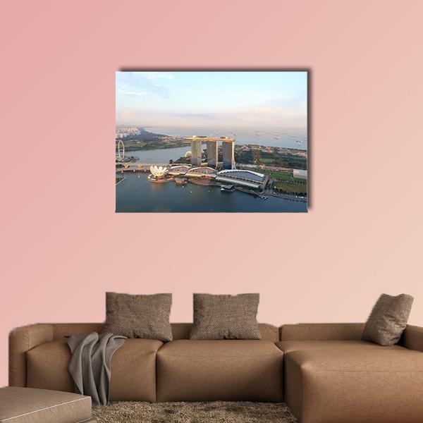 Marina Bay Sands Hotel, Singapore Canvas Wall Art in white, gray and blue, single panel hung on a wall
