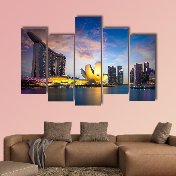 Marina Bay At Dusk Canvas Wall Art-5 Pop-Gallery Wrap-47" x 32"-Tiaracle