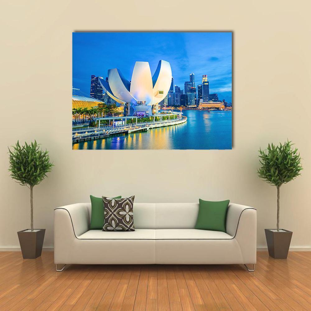 Marina Bay with Artscience Museum Canvas Wall Art in white, yellow and blue, single panel hung on a wall