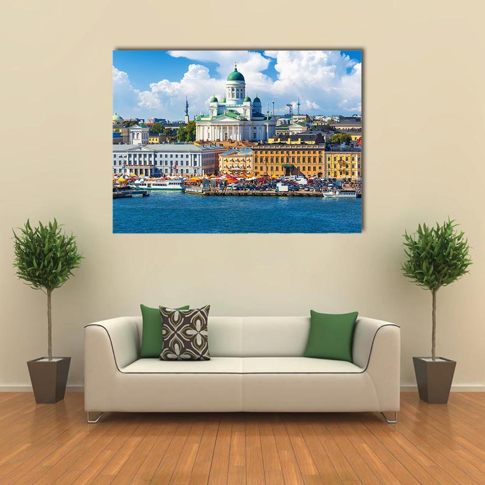 Helsinki Market Square Summer Scene Canvas Wall Art in white, yellow and blue, single panel hung on a wall