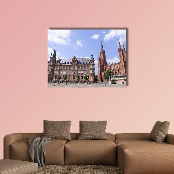 Market Place in Wiesbaden Canvas Wall Art in brown, red and blue, single panel hung on a wall