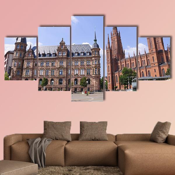 Market Place In Wiesbaden Canvas Wall Art-5 Star-Gallery Wrap-62" x 32"-Tiaracle