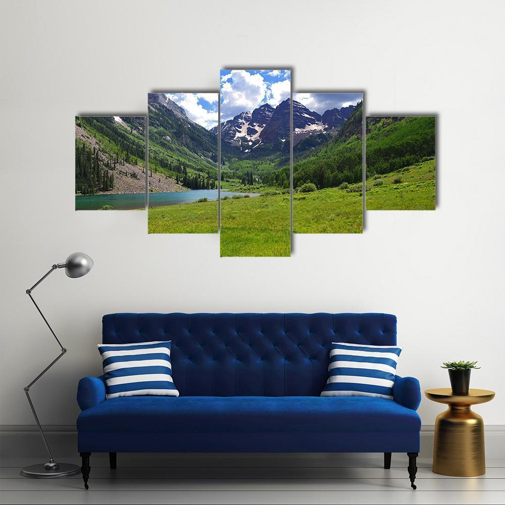 Maroon Bells In Aspen Canvas Wall Art-5 Star-Gallery Wrap-62" x 32"-Tiaracle