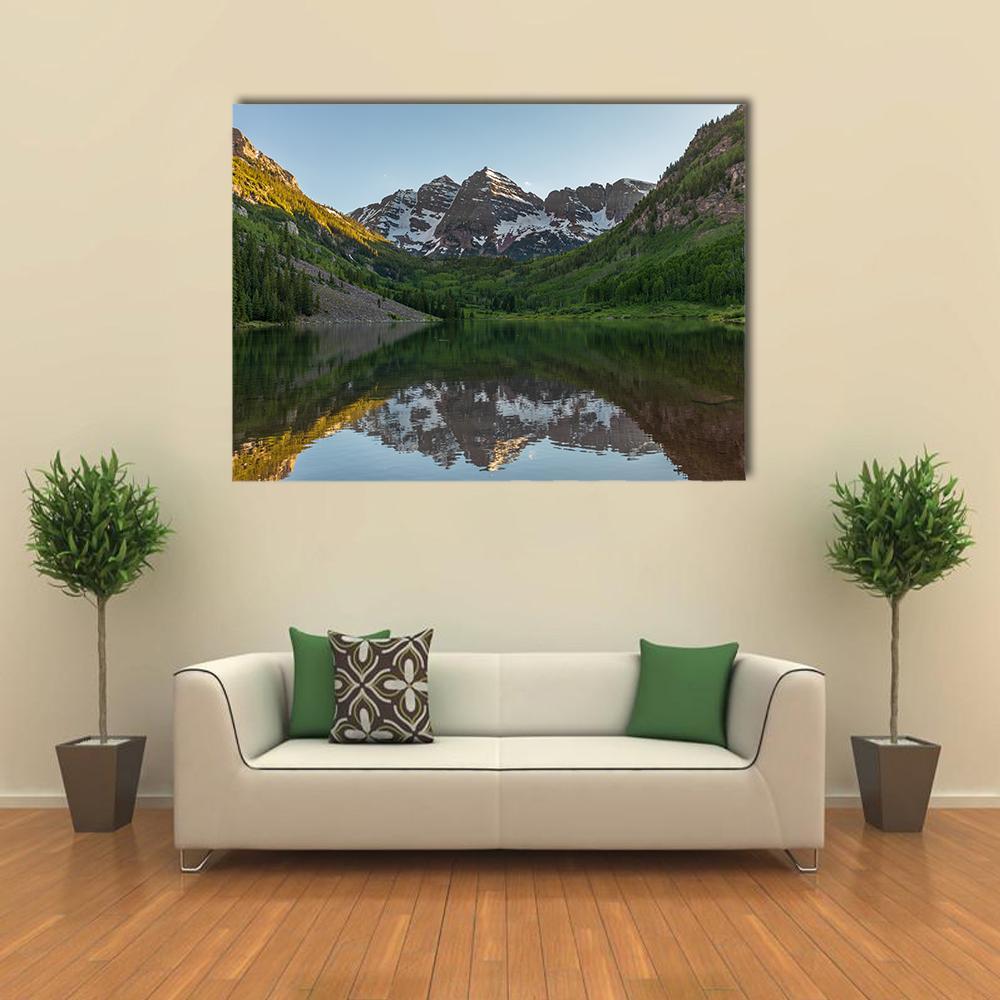 Maroon Bells Summer Reflection Canvas Wall Art in brown, green and blue, single panel hung on a wall