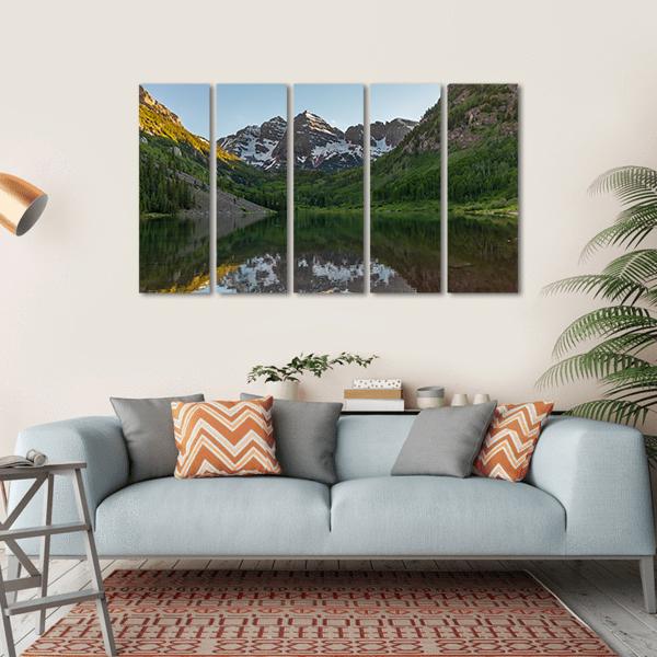Maroon Bells Summer Reflection Canvas Wall Art-5 Horizontal-Gallery Wrap-22" x 12"-Tiaracle