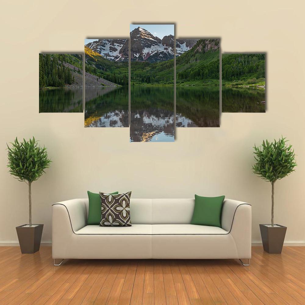 Maroon Bells Summer Reflection Canvas Wall Art-5 Star-Gallery Wrap-62" x 32"-Tiaracle