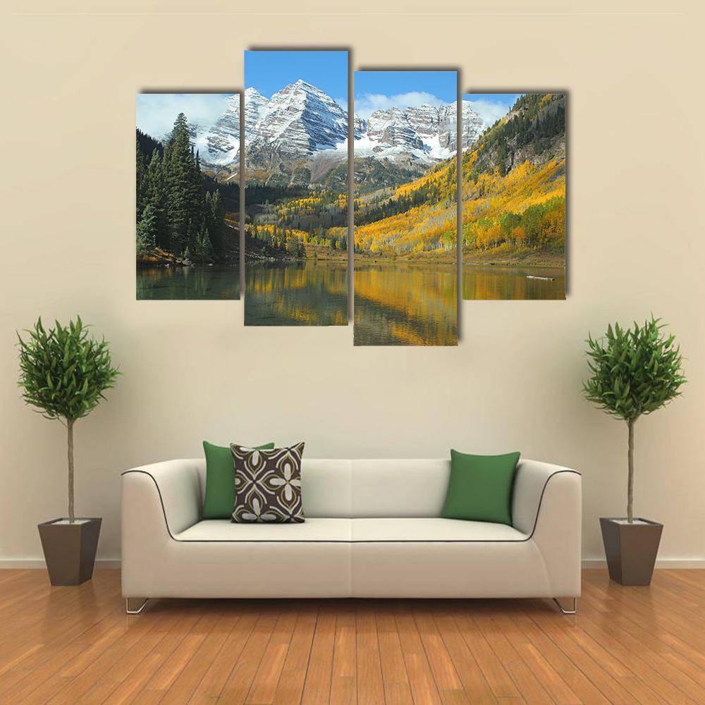 Maroon Lake In Autumn Canvas Wall Art-4 Pop-Gallery Wrap-50" x 32"-Tiaracle