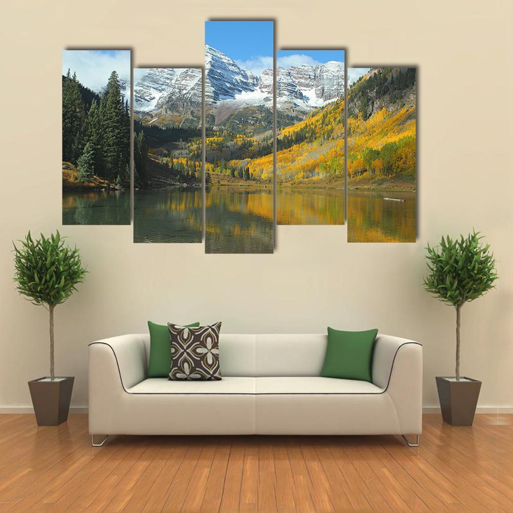 Maroon Lake In Autumn Canvas Wall Art-5 Pop-Gallery Wrap-47" x 32"-Tiaracle