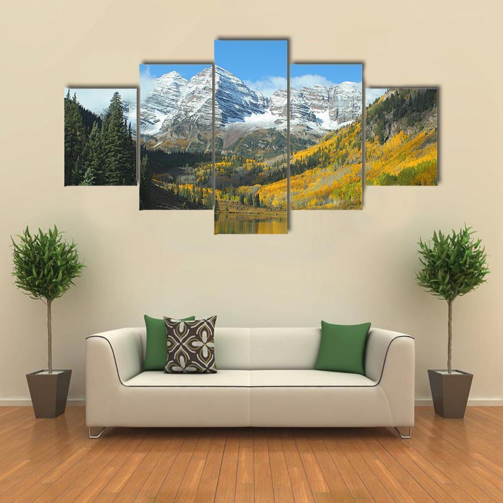 Maroon Lake In Autumn Canvas Wall Art-5 Star-Gallery Wrap-62" x 32"-Tiaracle