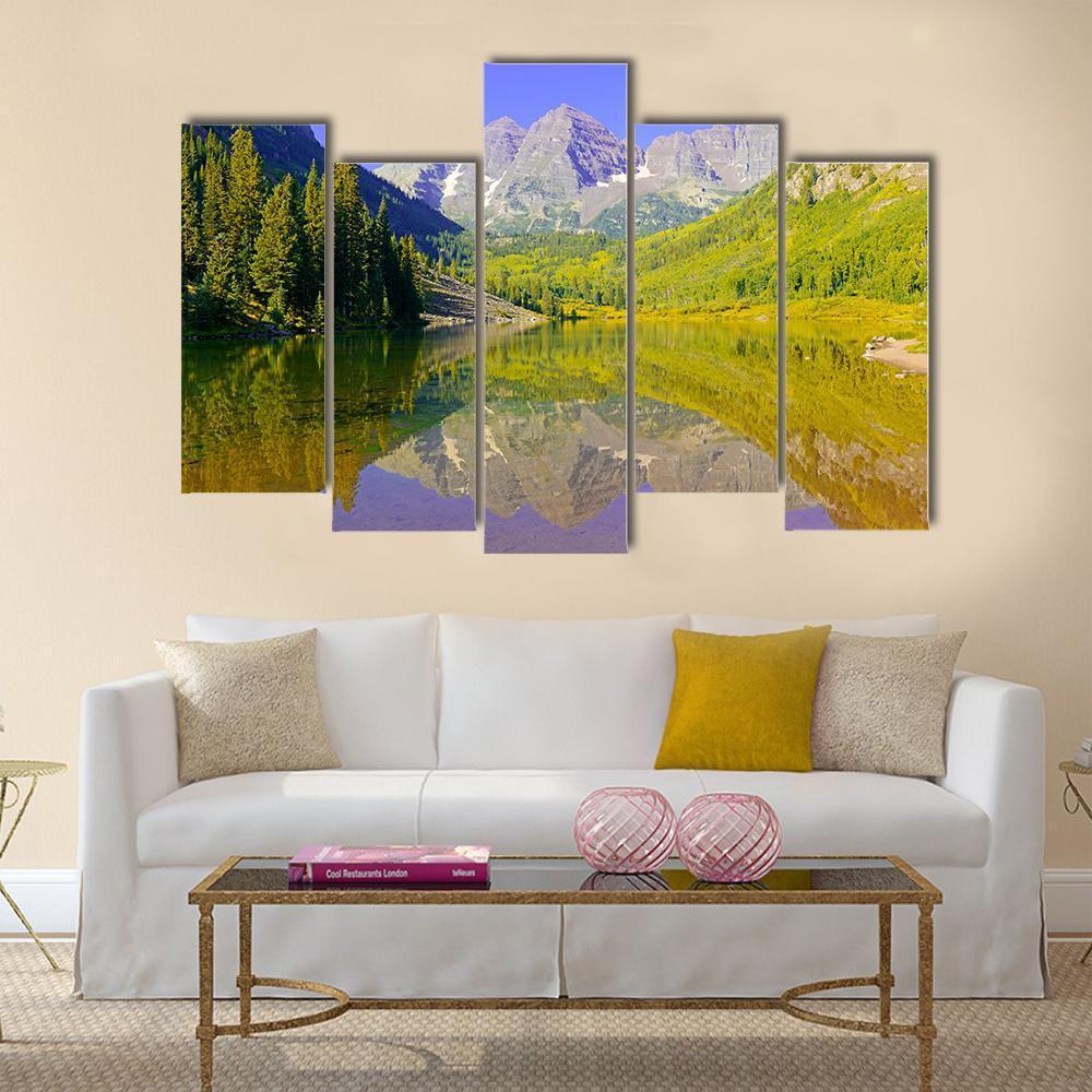Maroon Bells With Lake Canvas Wall Art-5 Pop-Gallery Wrap-47" x 32"-Tiaracle