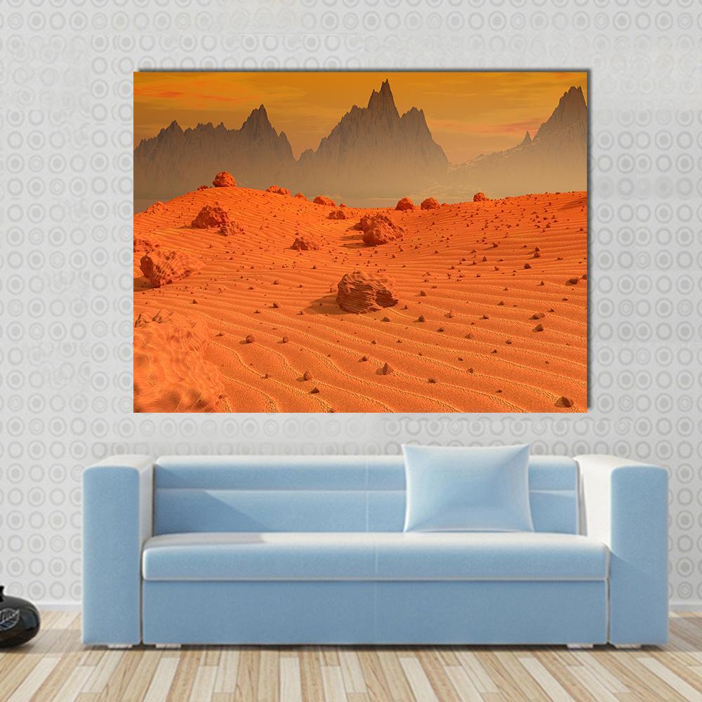 Landscape of Mars Canvas Wall Art in brown, orange and yellow, single panel hung on a wall