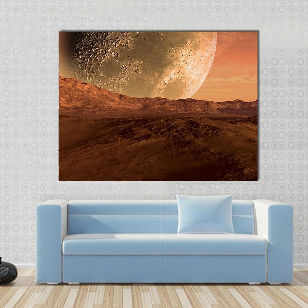 Planet with Arid Landscape Canvas Wall Art in brown, orange and yellow, single panel hung on a wall