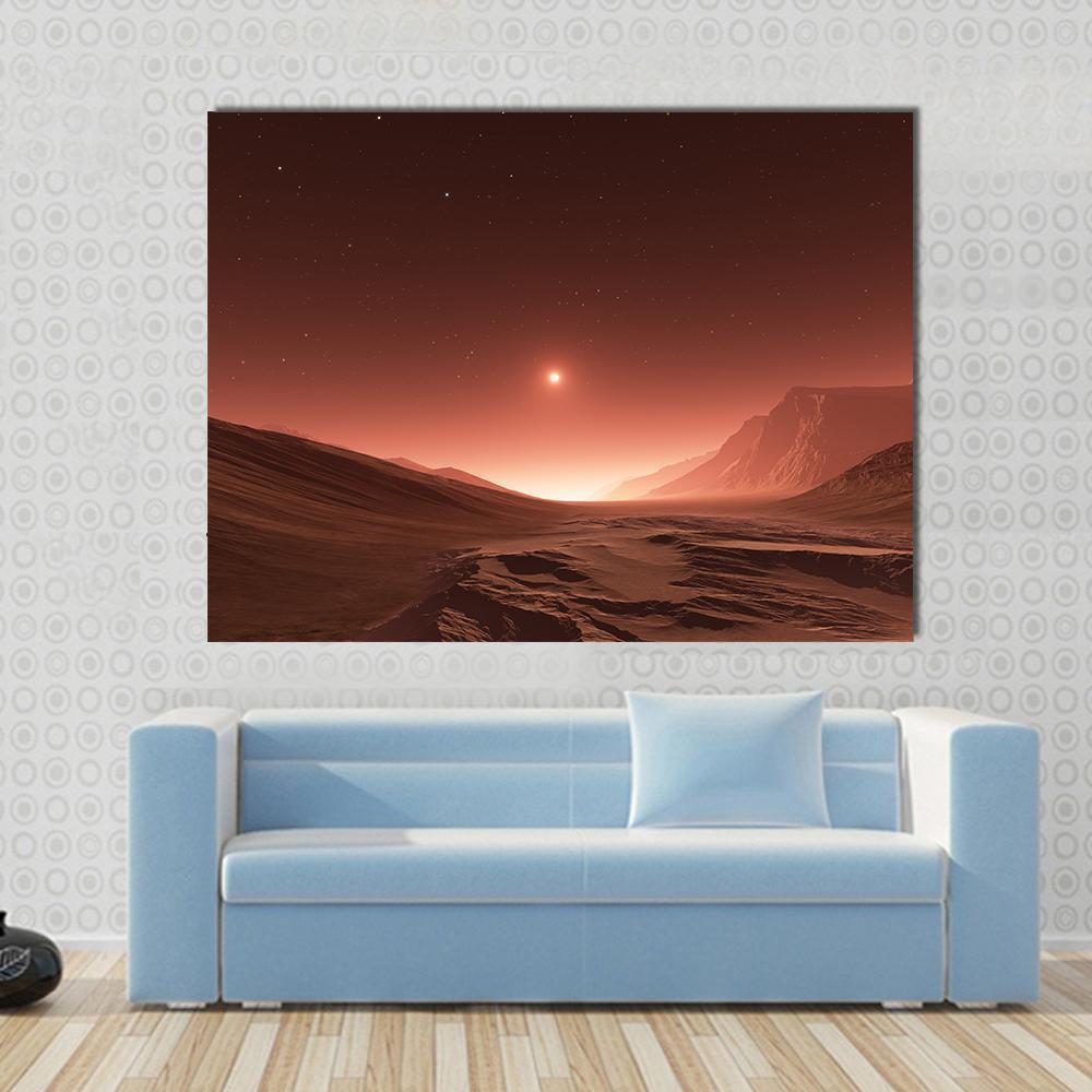 Sunset on Mars Canvas Wall Art in brown, red and orange, single panel hung on a wall