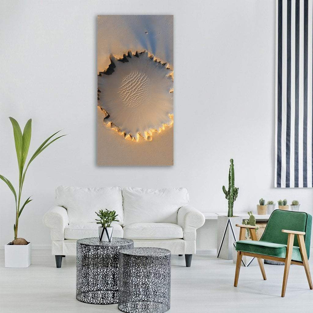Victoria Crater on Mars Vertical Canvas Wall Art in gray, beige and gold, single vertical panel hung on a wall