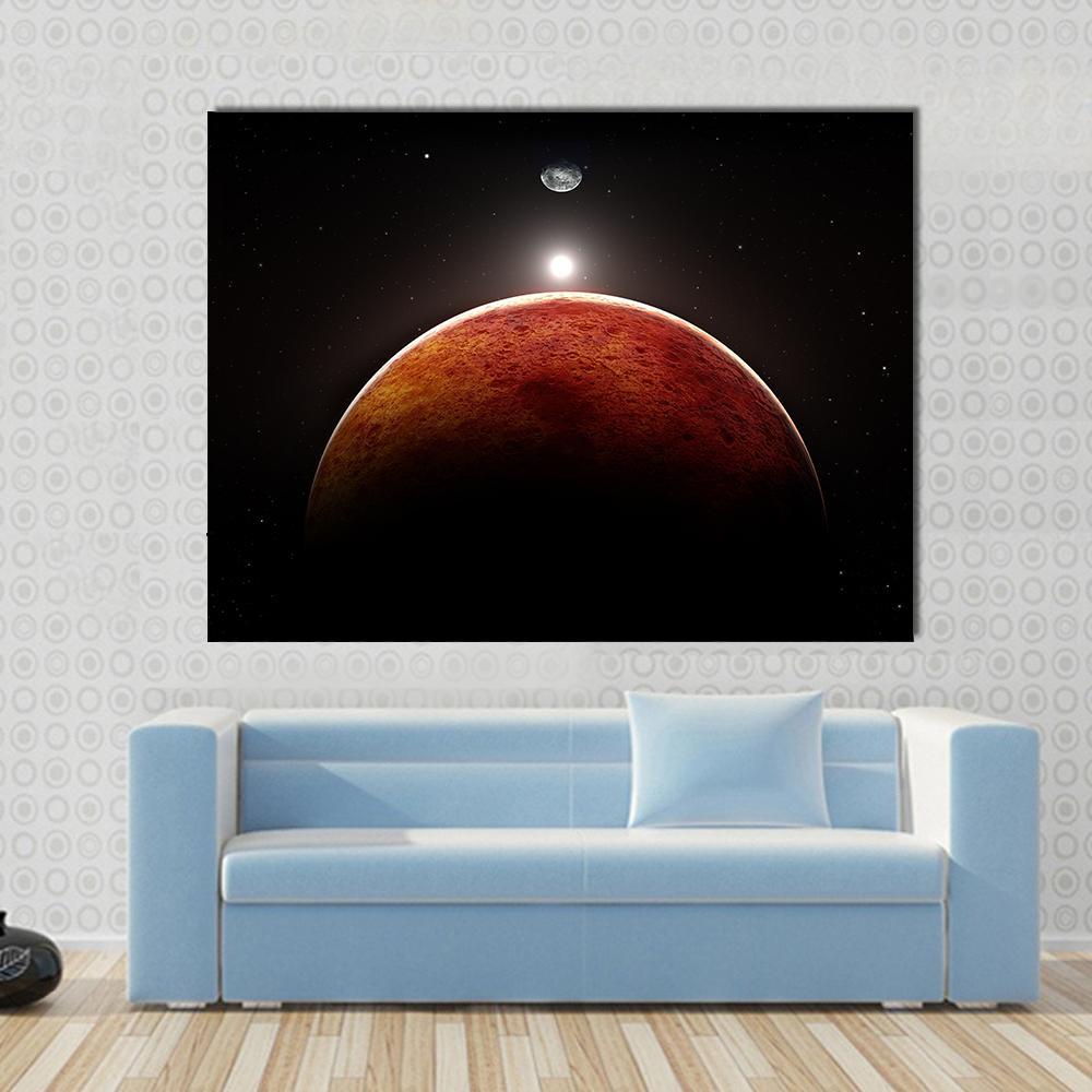 Planet Mars with Moon Canvas Wall Art in black, red and orange, single panel hung on a wall
