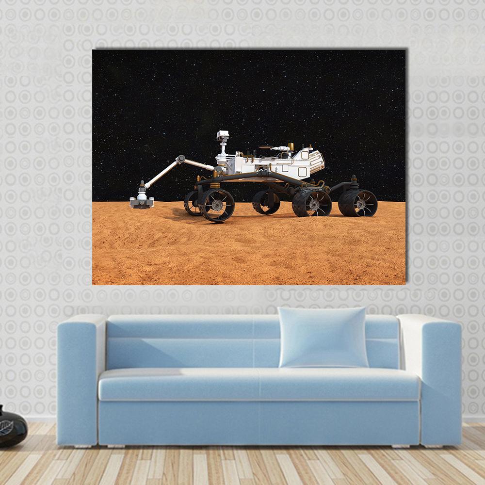 Curiosity Mars Rover Canvas Wall Art in black, white and orange, single panel hung on a wall