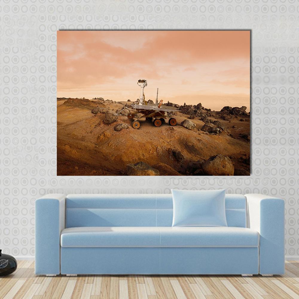 Mars Rover Exploration Canvas Wall Art in beige, brown and orange, single panel hung on a wall