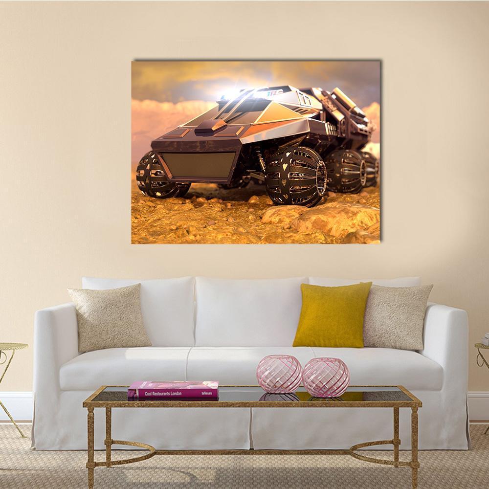 Mars Rover on Mountainous Terrain Canvas Wall Art in black, brown and orange, single panel hung on a wall