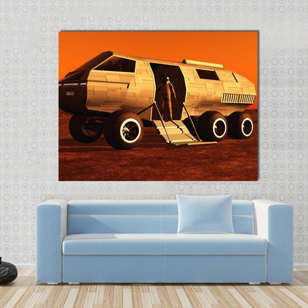 Astronaut in Mars Rover Canvas Wall Art in beige, brown and orange, single panel hung on a wall