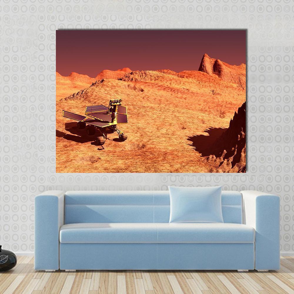 Mars Rover on Martian Surface Canvas Wall Art in brown, red and orange, single panel hung on a wall
