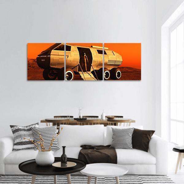 Mars Rover and Astronaut Panoramic Canvas Wall Art in beige, brown and orange, hung on a wall