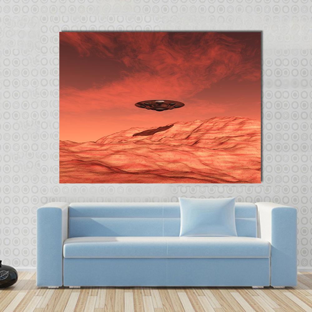 Spaceship on Mars Canvas Wall Art in brown, red and orange, single panel hung on a wall