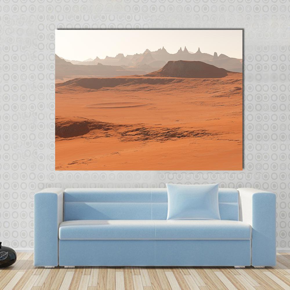Mars Landscape Canvas Wall Art in beige, brown and orange, single panel hung on a wall