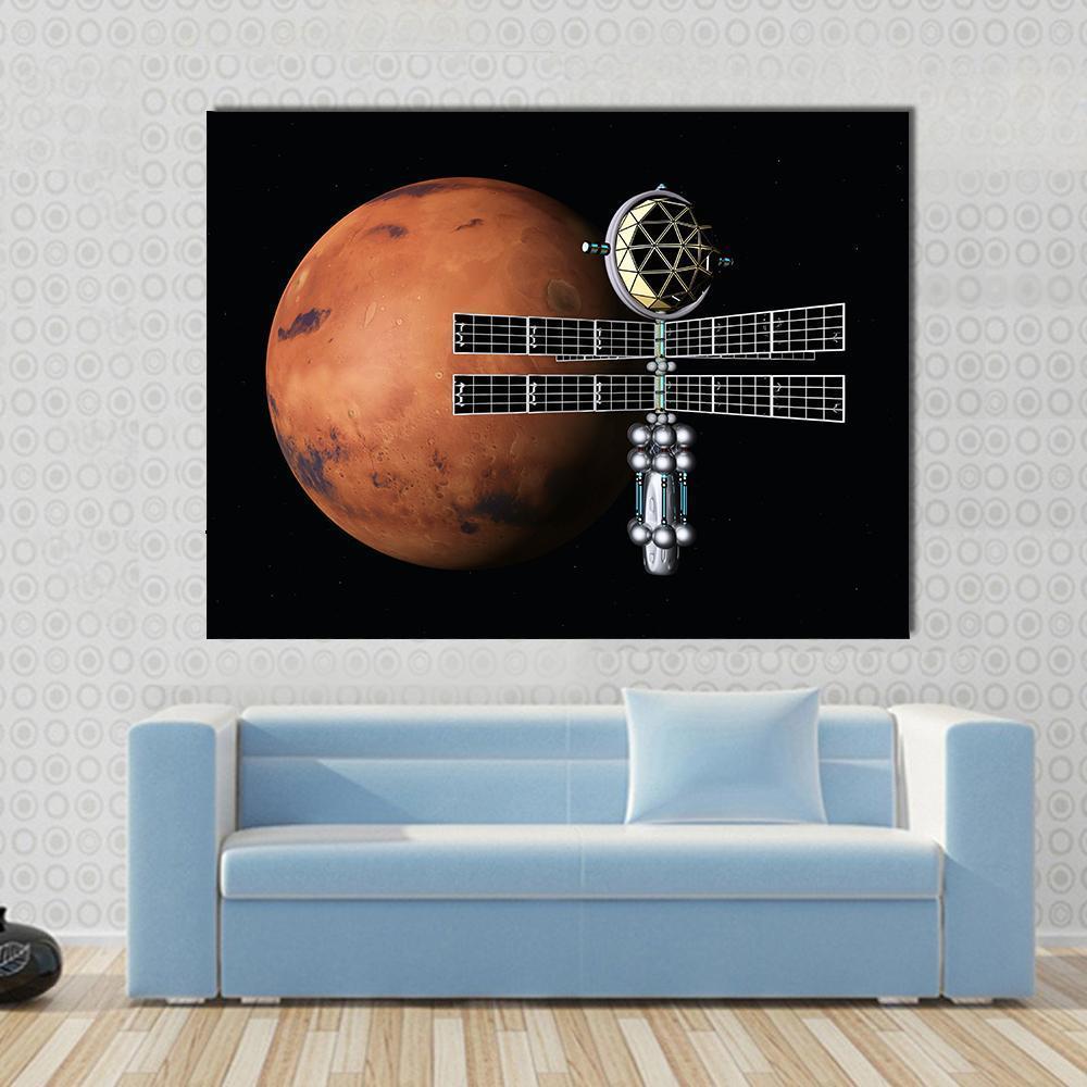 Mars with Space Probe Canvas Wall Art in black, red and orange, single panel hung on a wall