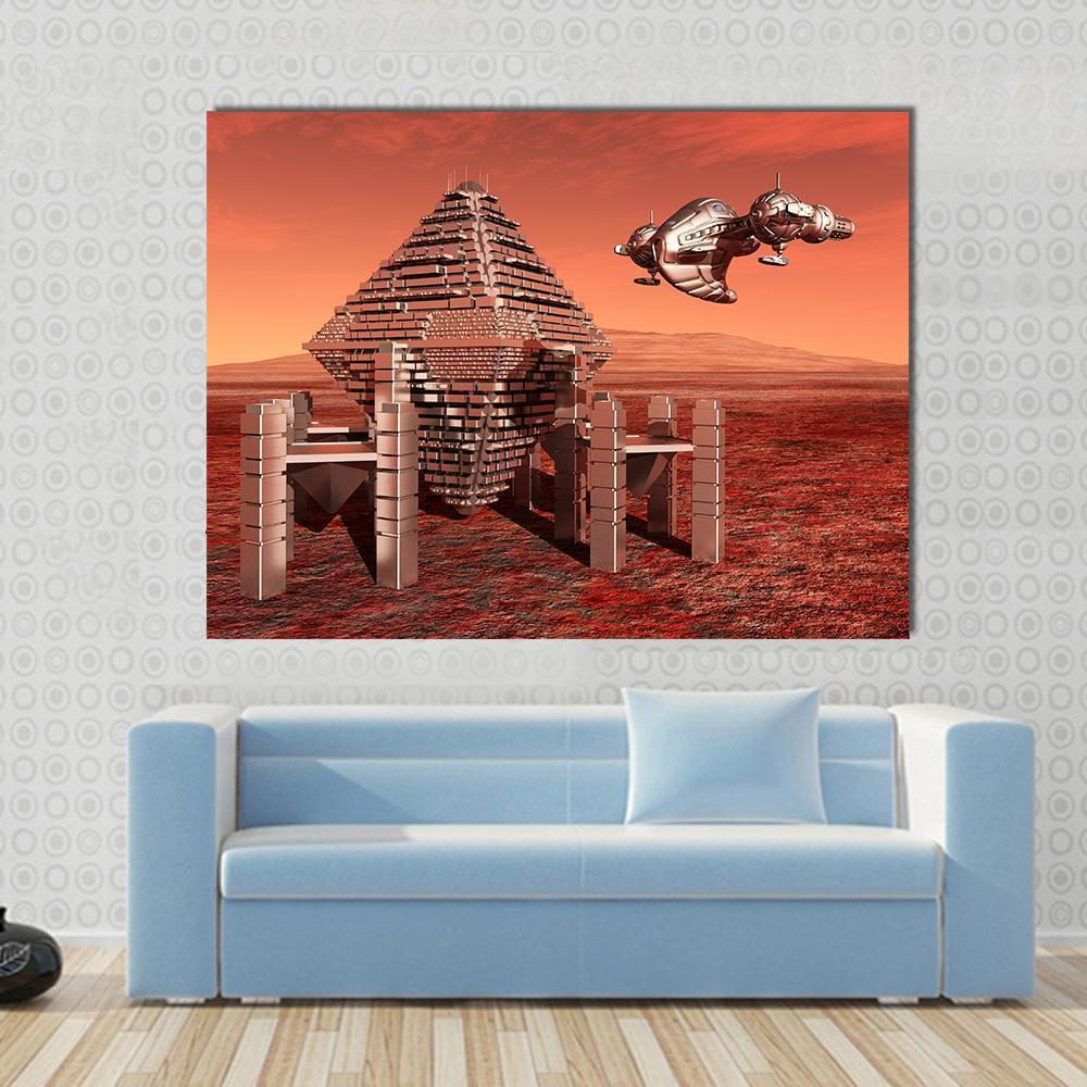 Mars Pyramid and Dual-pod Spaceship Canvas Wall Art in red and orange, single panel hung on a wall