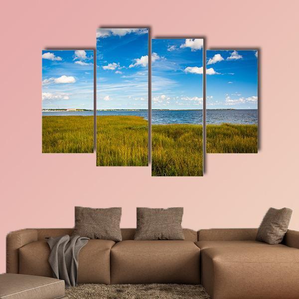 Marsh Grasses With Lake Canvas Wall Art-4 Pop-Gallery Wrap-50" x 32"-Tiaracle