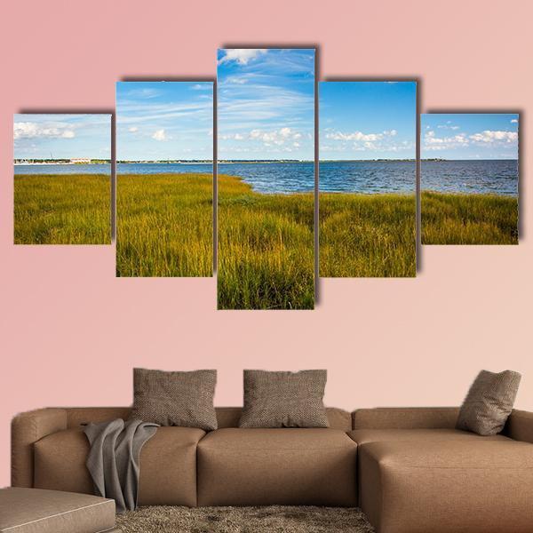 Marsh Grasses With Lake Canvas Wall Art-5 Star-Gallery Wrap-62" x 32"-Tiaracle