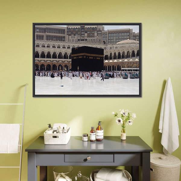 Kaaba at Masjid Al Haram in Mecca Canvas Wall Art in black, white and beige, framed canvas, product view on a white background