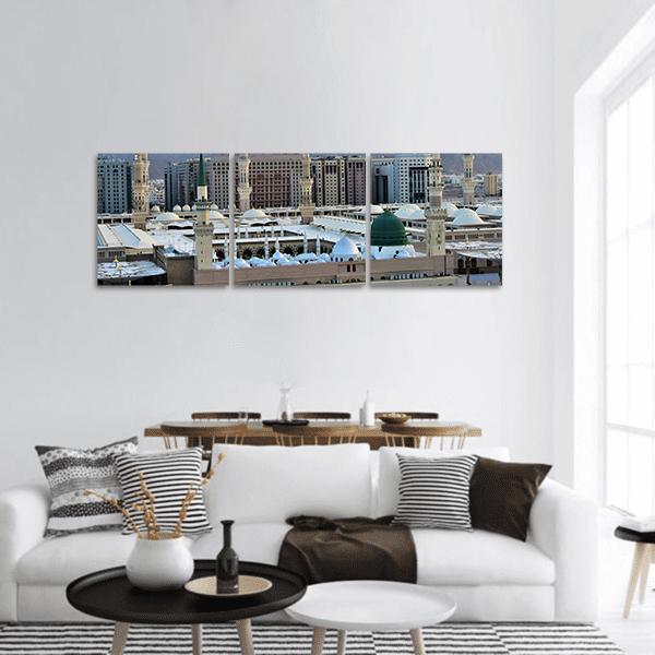 Al-masjid An-nabawi Green Dome, Medinah Panoramic Canvas Wall Art in white, gray and green, hung on a wall
