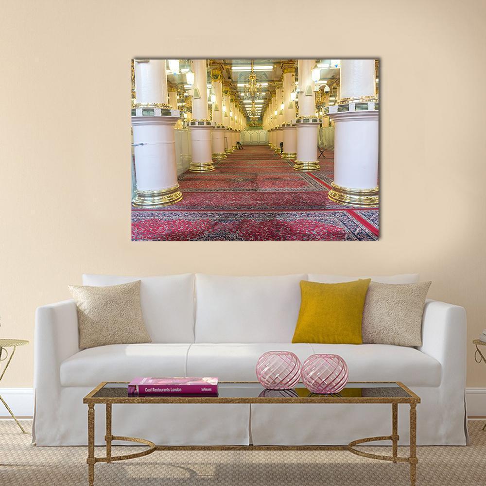 Masjid-e-nabawi Interior Canvas Wall Art in white, gold and red, single panel hung on a wall