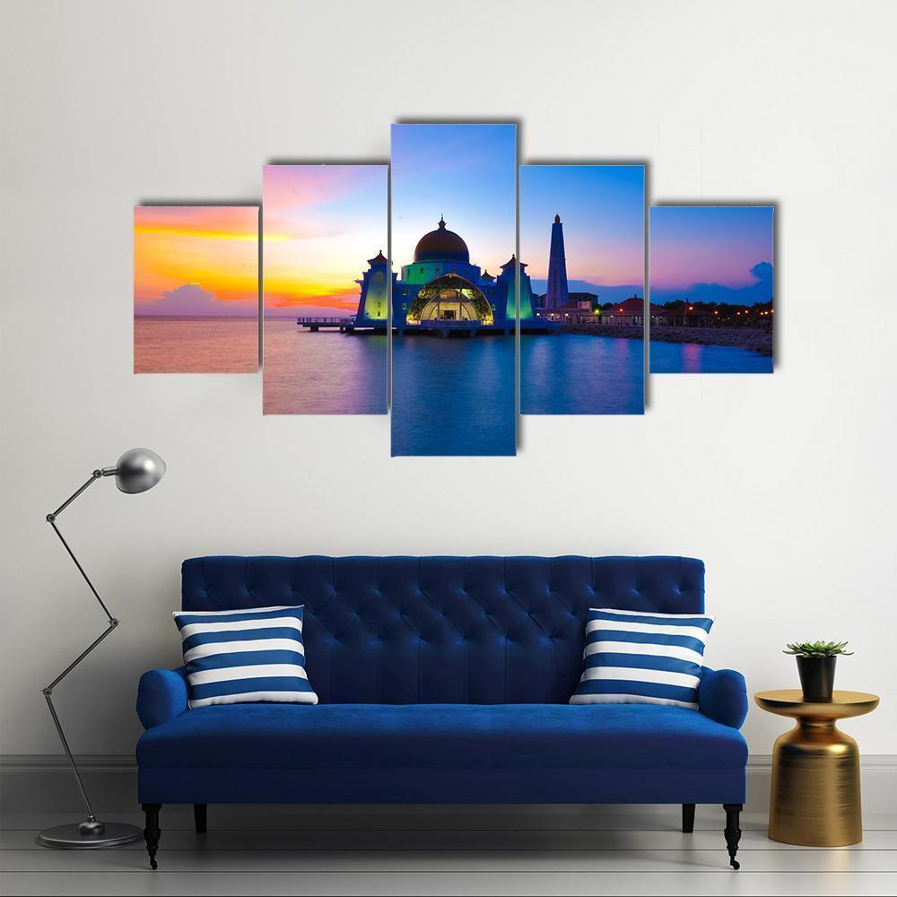Masjid Selat Melaka Canvas Wall Art-5 Pop-Gallery Wrap-47" x 32"-Tiaracle