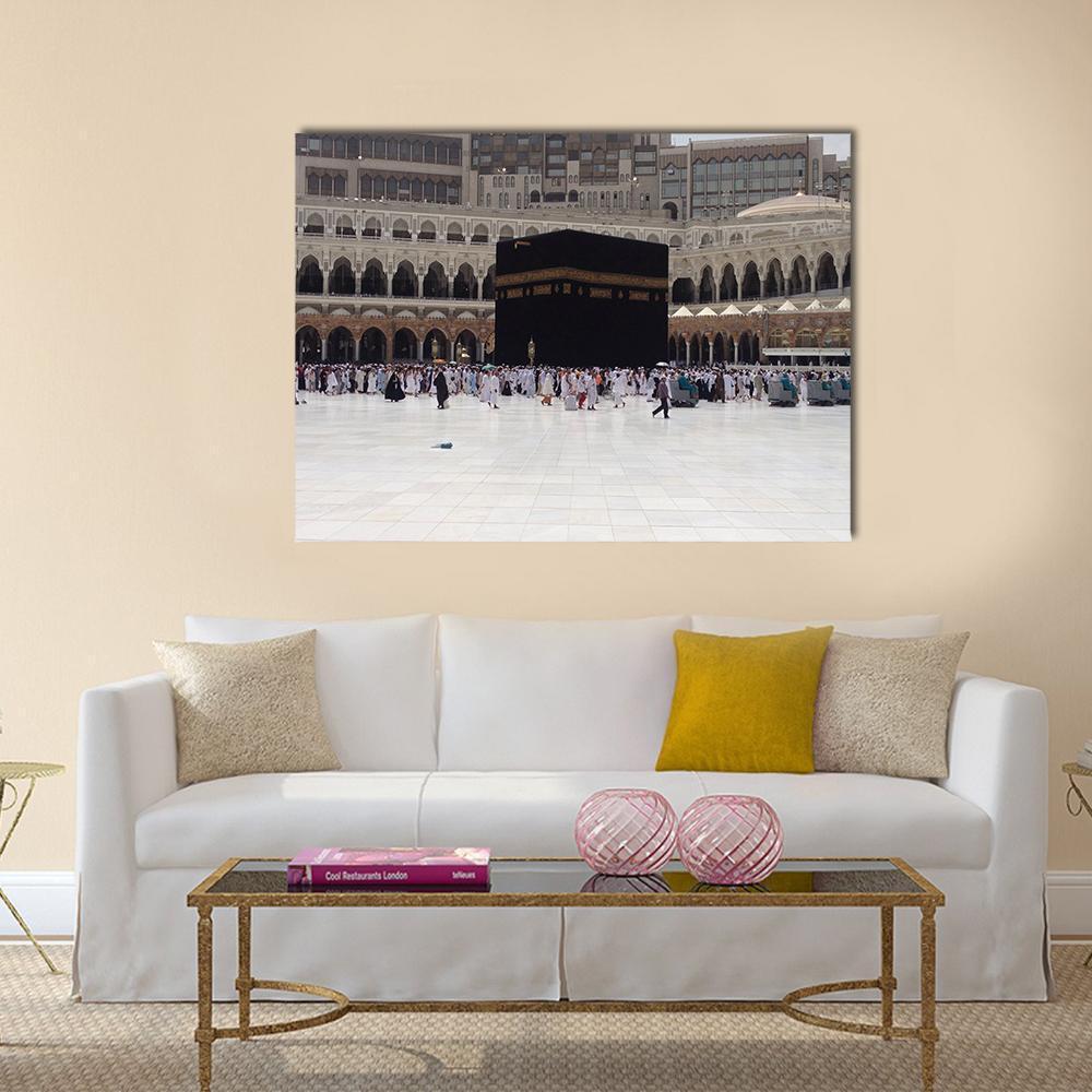 Kaaba at Masjid Al-haram, Mecca Canvas Wall Art in white, gray and beige, single panel hung on a wall