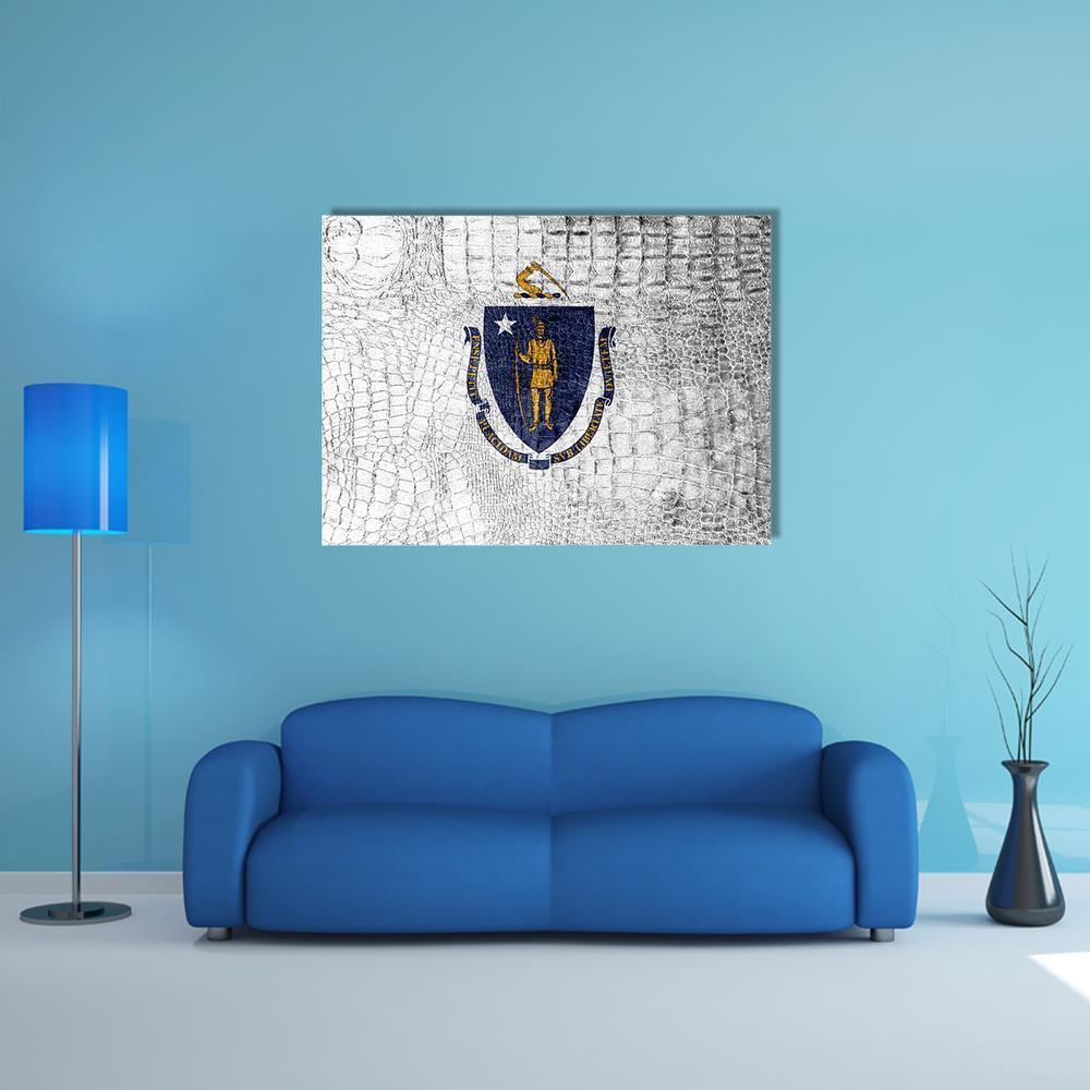 Massachusetts State Flag with Textured Background Canvas Wall Art in white, gray and blue, single panel hung on a wall