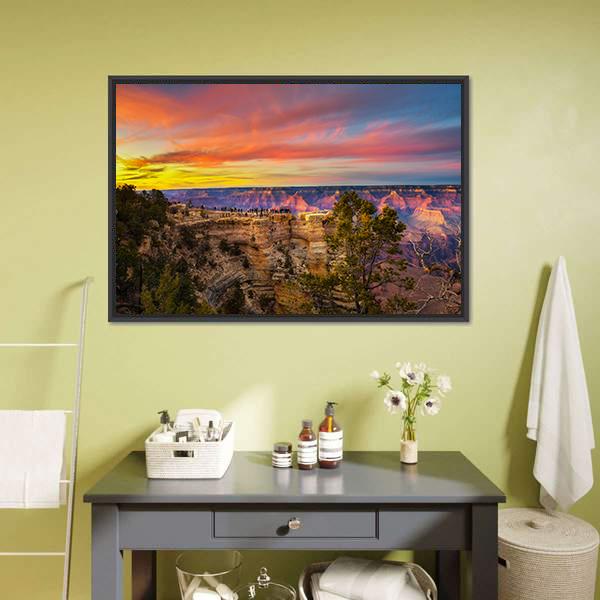Mather Point at Grand Canyon Sunset Canvas Wall Art in orange, yellow and blue, framed canvas, product view on a white background