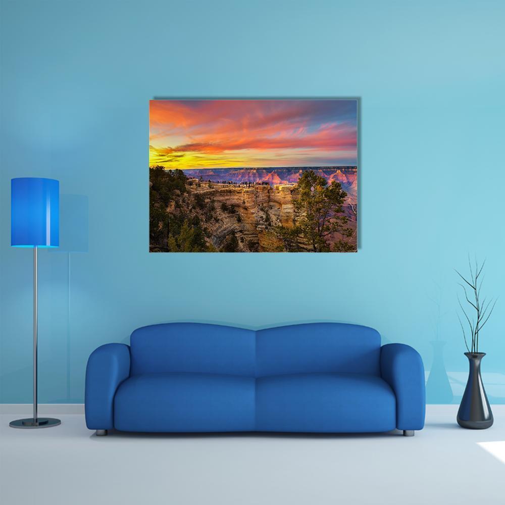 Mather Point at Grand Canyon Sunset Canvas Wall Art in orange, yellow and blue, single panel hung on a wall
