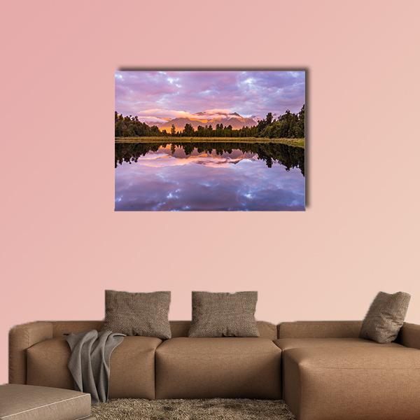 Matheson Lake at Dusk Canvas Wall Art in blue, purple and pink, single panel hung on a wall