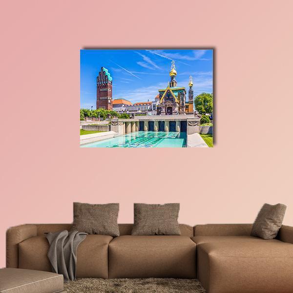 Mathildenhoehe in Darmstadt Canvas Wall Art in brown, gold and blue, single panel hung on a wall