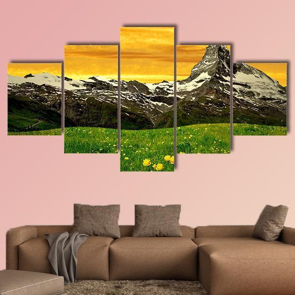 Matterhorn In Sunset Canvas Wall Art-5 Star-Gallery Wrap-62" x 32"-Tiaracle