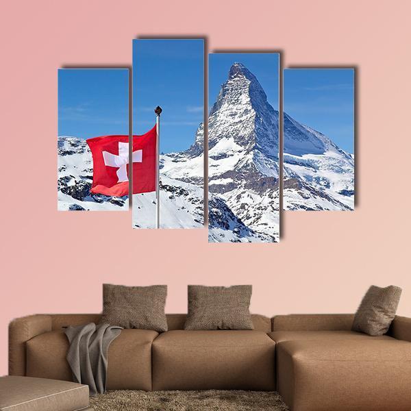 Matterhorn With Switzerland Flag Canvas Wall Art-4 Pop-Gallery Wrap-50" x 32"-Tiaracle