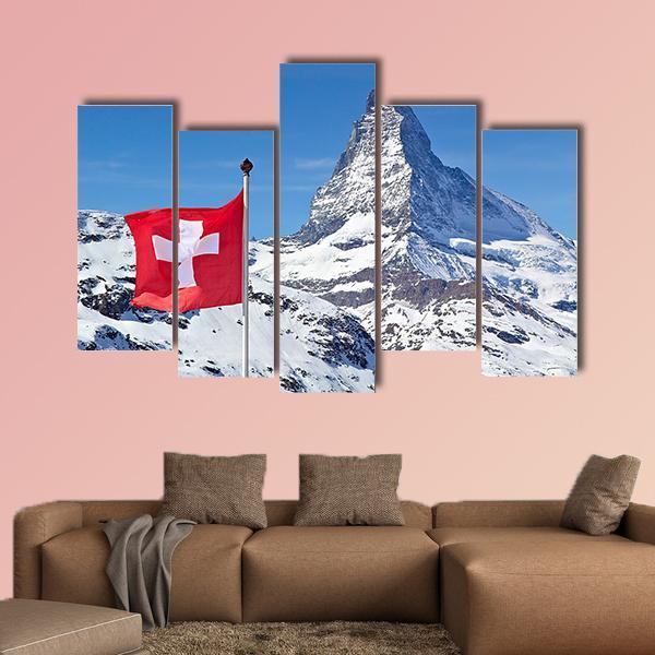 Matterhorn With Switzerland Flag Canvas Wall Art-5 Pop-Gallery Wrap-47" x 32"-Tiaracle