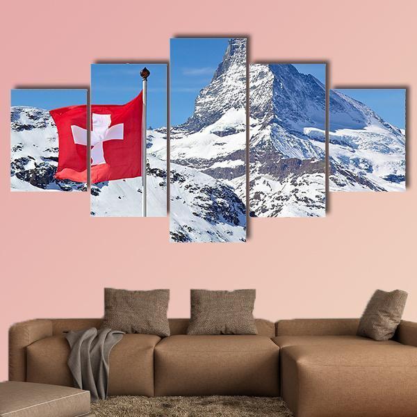 Matterhorn With Switzerland Flag Canvas Wall Art-5 Star-Gallery Wrap-62" x 32"-Tiaracle