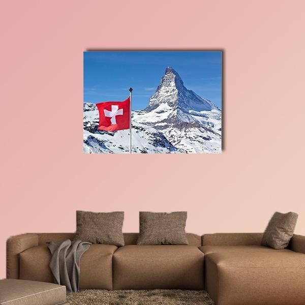 Matterhorn With Switzerland Flag Canvas Wall Art-1 Piece-Gallery Wrap-36" x 24"-Tiaracle