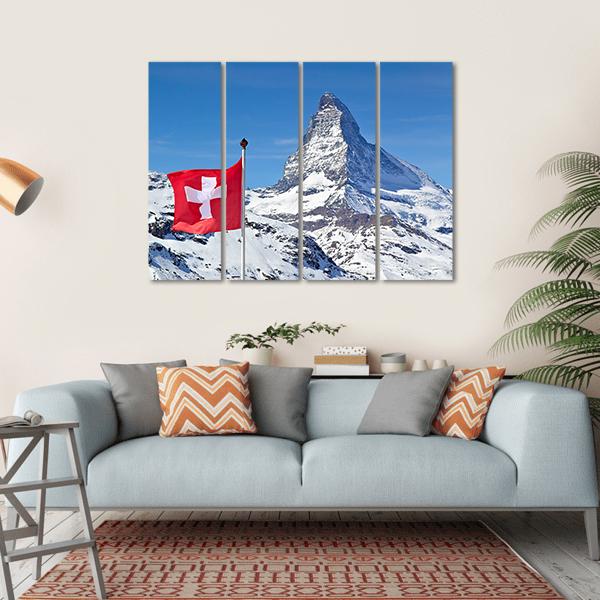 Matterhorn With Switzerland Flag Canvas Wall Art-4 Horizontal-Gallery Wrap-34" x 24"-Tiaracle