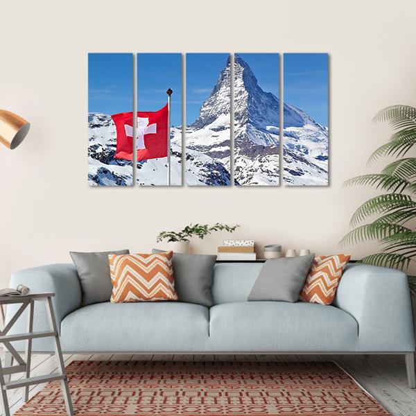 Matterhorn With Switzerland Flag Canvas Wall Art-5 Horizontal-Gallery Wrap-22" x 12"-Tiaracle