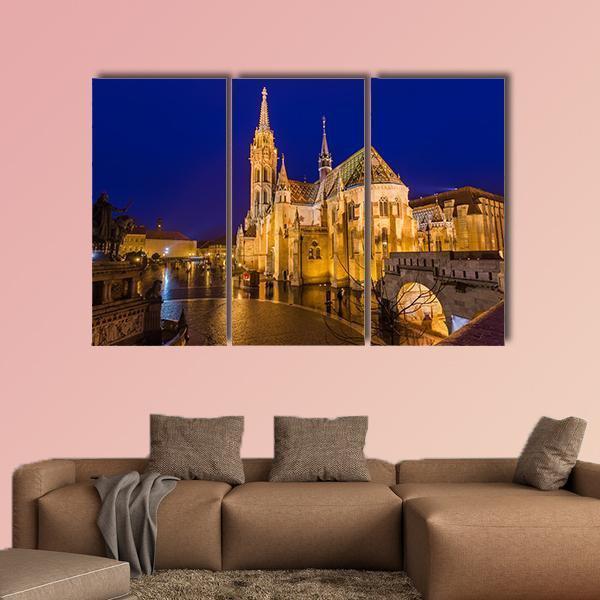 Matthias Church At Night Canvas Wall Art-3 Horizontal-Gallery Wrap-37" x 24"-Tiaracle